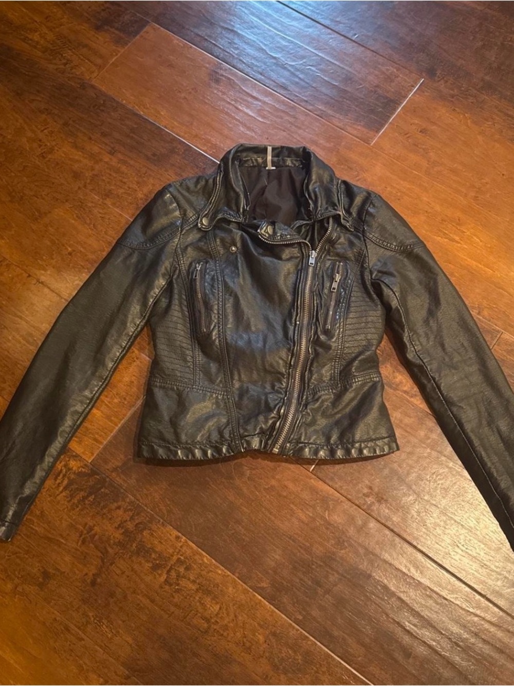 Free People Black Faux Leather Moto Jacket with Asymmetrical Zip
